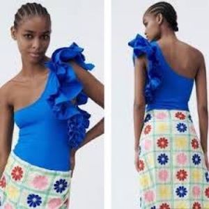 Zara one shoulder blue ruffle bodysuit